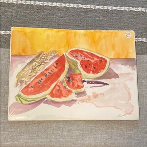 Vintage 90s Watercolor Watermelon Art Print Original. Signed by artist